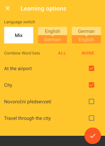 Vocabulary Miner yellow screenshot with learning options such as language switch