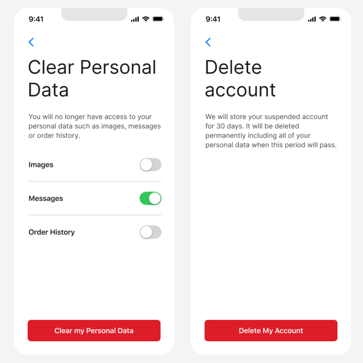 delete account in privacy by design